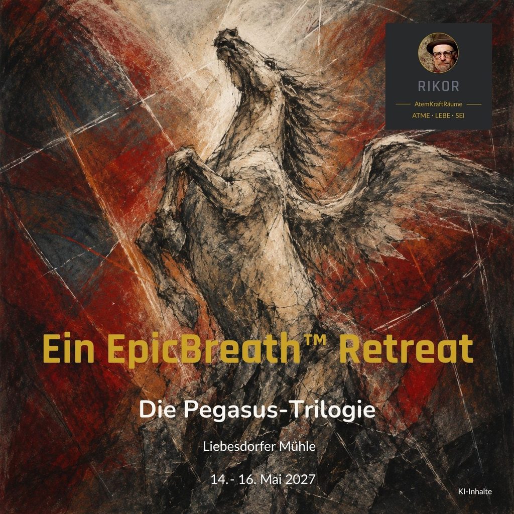 Coverbild des EpicBreath Retreats Die Pegasus-Trilogie. Eine weißes geflügeltes Pferd steigt zum Himmel auf