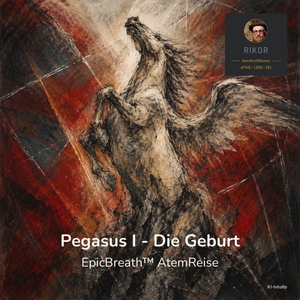 Pegasus I – Die Geburt · EpicBreath™ AtemReise · Cover: ein sich aufbäumendes geflügeltes Pferd, aus zerrissenen Linien gemalt, vor rot-ockerfarbenen und dunklen Farbflächen