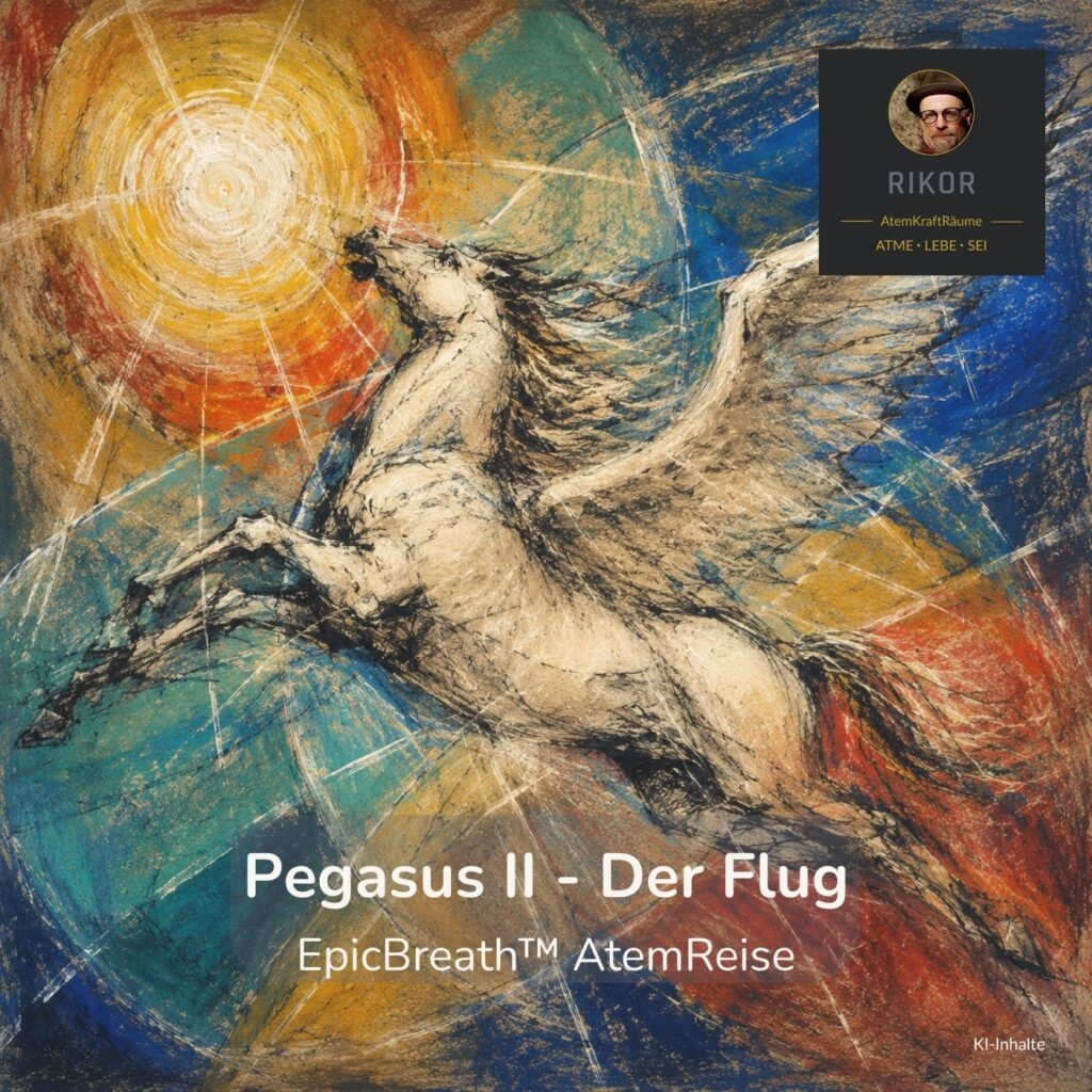 Pegasus II – Der Flug · EpicBreath™ AtemReise · Cover: ein weißes geflügeltes Pferd im Flug, auf eine strahlende Sonne zu, vor blauen, roten und ockerfarbenen Farbfeldern
