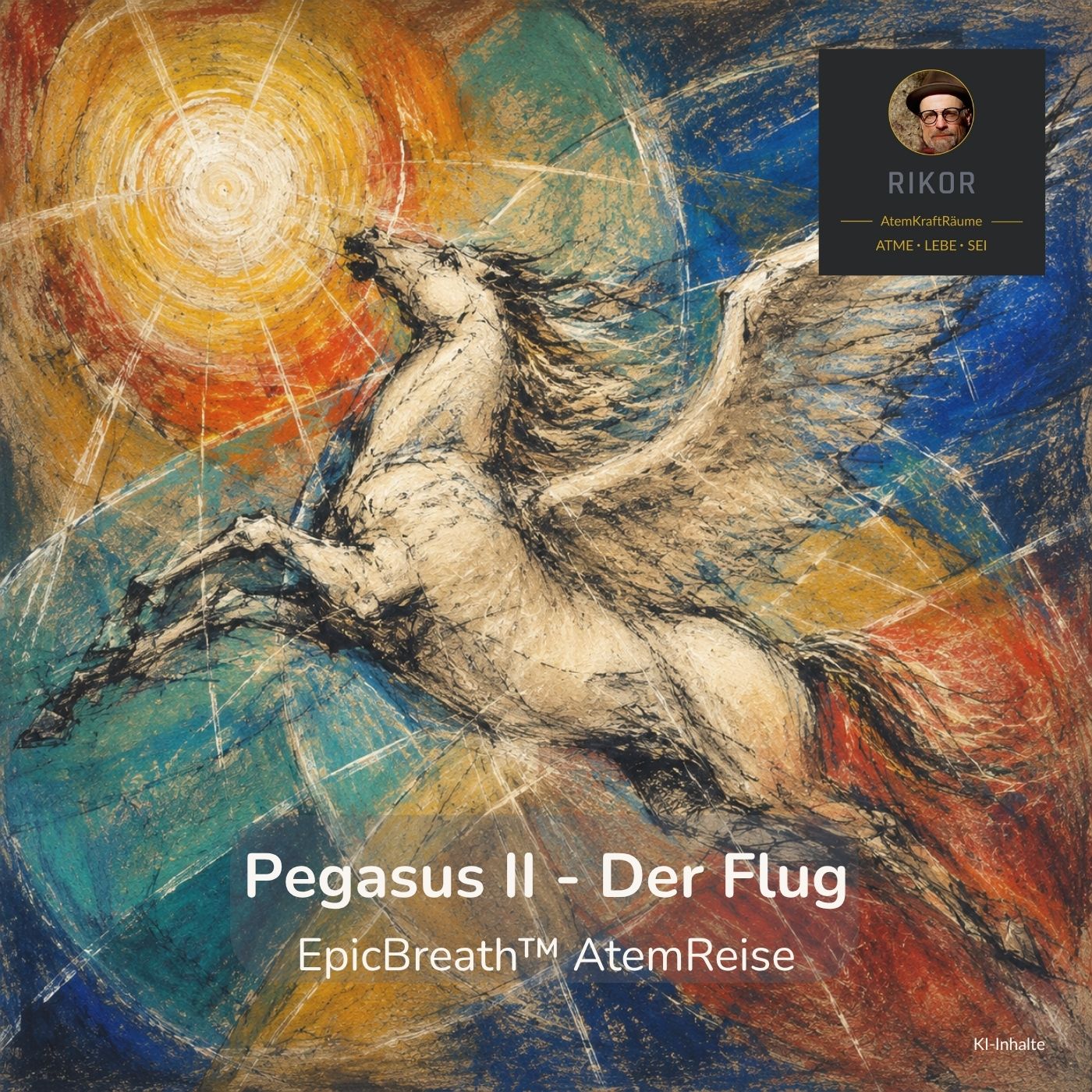 Pegasus II – Der Flug · EpicBreath™ AtemReise · Cover: ein weißes geflügeltes Pferd im Flug, auf eine strahlende Sonne zu, vor blauen, roten und ockerfarbenen Farbfeldern